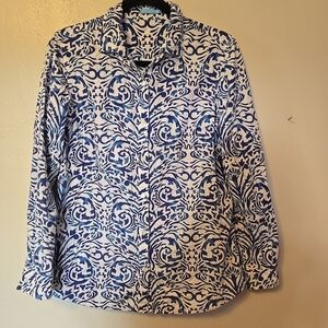 J Mclaughlin Button Up Blouse Top White Blue Print Cotton S